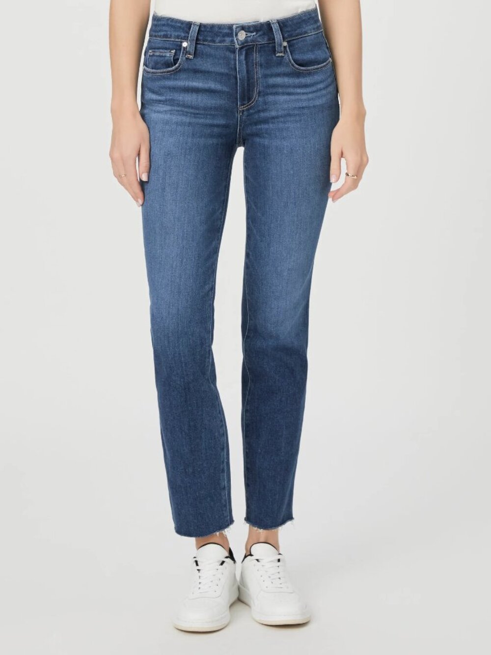 NWT PAIGE Amber Raw Hem Mid Rise Straight Leg Ankle Jeans in Villa Blue Size 23